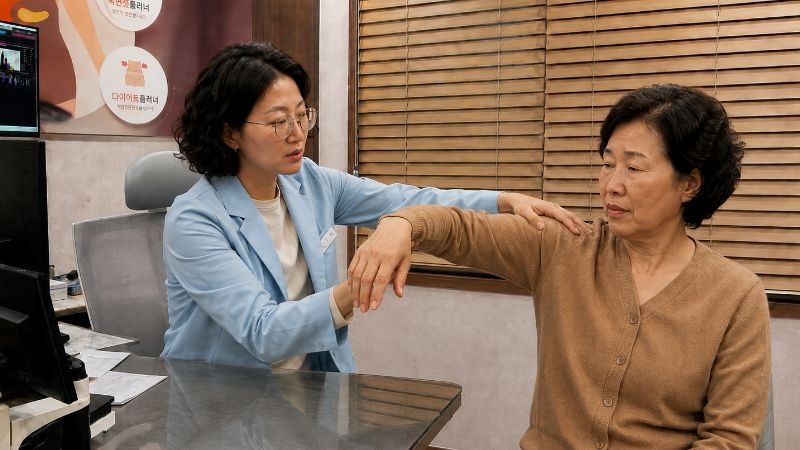 회전근개 증후군 어깨 가동 범위와 근력을 확인하는 상담 장면