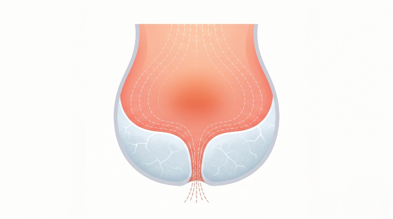 자궁내막증 하복부 냉증 개념도, 차갑게 굳은 아랫배에 흐름이 막힌 모습