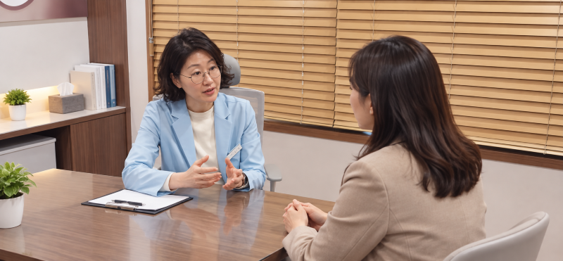 진료실에서 원장이 자궁내막증 환자와 마주 앉아 상담하는 모습