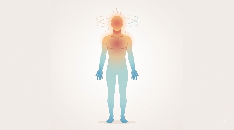어지럼증 상열하한 개념도, 얼굴은 붉고 손발은 푸른 인체 실루엣