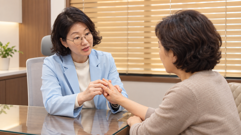 갱년기 관절통 상담, 손가락 마디 붓기와 굳음을 확인하는 장면