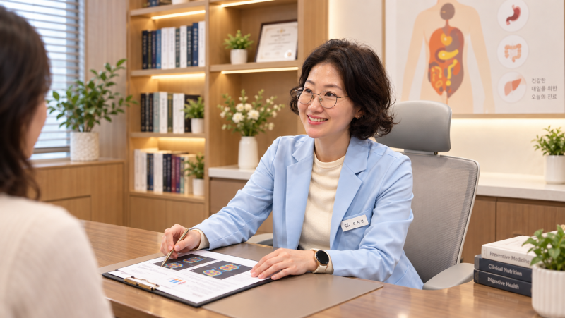 진료실에서 원장이 두통 환자와 마주 앉아 상담하는 장면