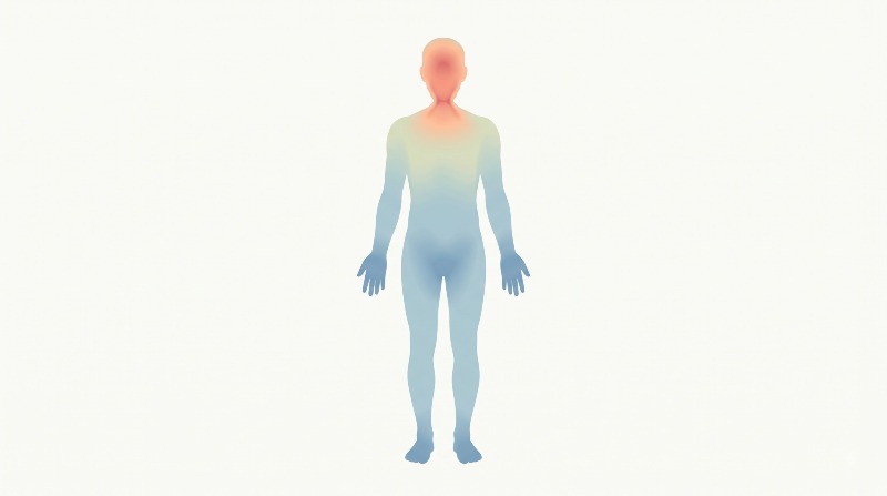 두통 상열하한 개념도, 머리는 붉고 손발과 아랫배는 푸른 인체 실루엣