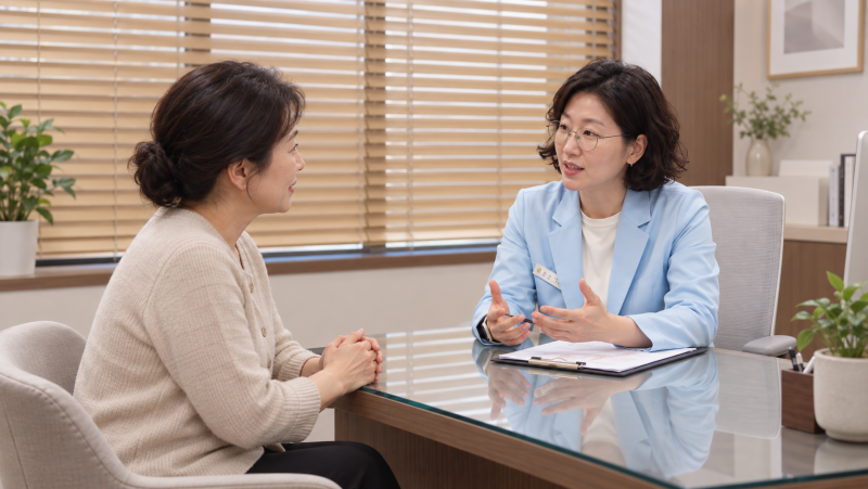진료실에서 원장이 어지럼증 환자와 마주 앉아 증상을 묻는 모습